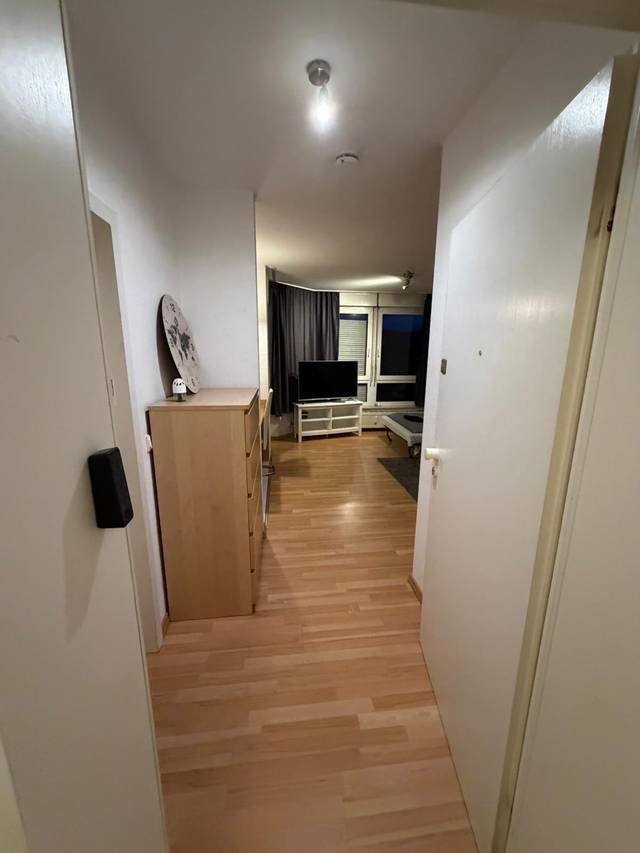 Flur mit Holzkommode und Blick in den Wohnraum der Monteurwohnung in Niedernhausen