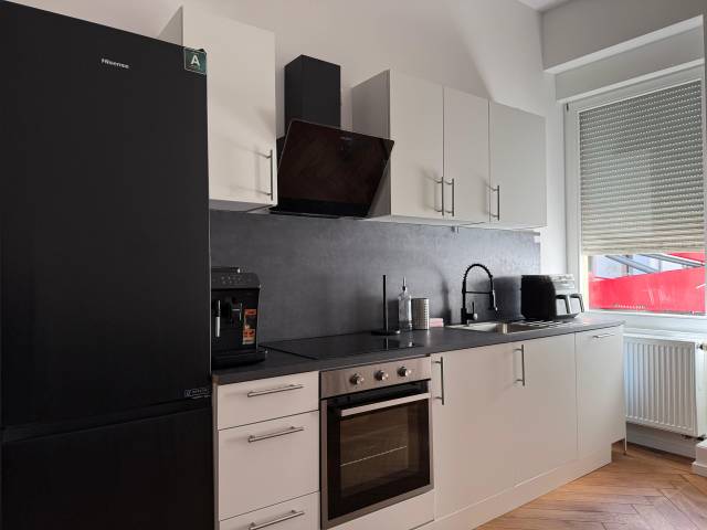 Küchenzeile mit Kühlschrank, Induktionskochfeld, Backofen und Dunstabzug in der Monteurwohnung in Offenbach am Main
