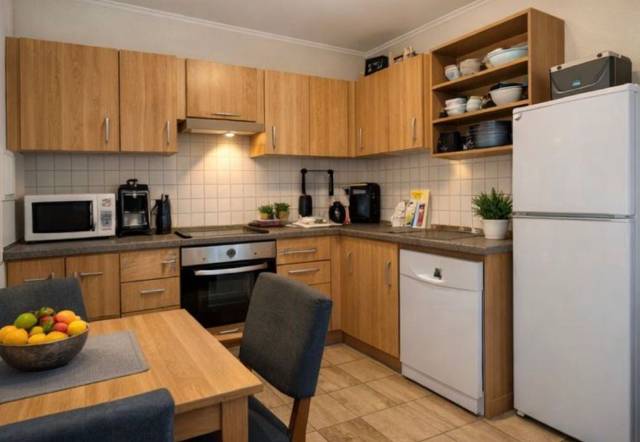 Küchenzeile mit Herd, Backofen, Spülmaschine und Kühlschrank in der Monteurwohnung in Frankfurt am Main