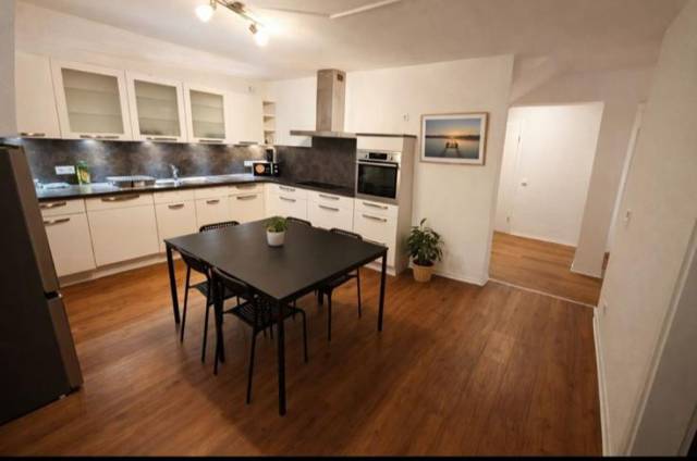 Küchenzeile mit Backofen, Dunstabzug und Esstisch mit vier Stühlen in der Monteurzimmer in Rüsselsheim