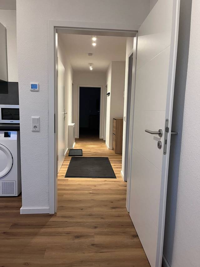Flur mit Fußmatte und Türen, links eine Waschmaschine, in der Monteurzimmer in Rüsselsheim