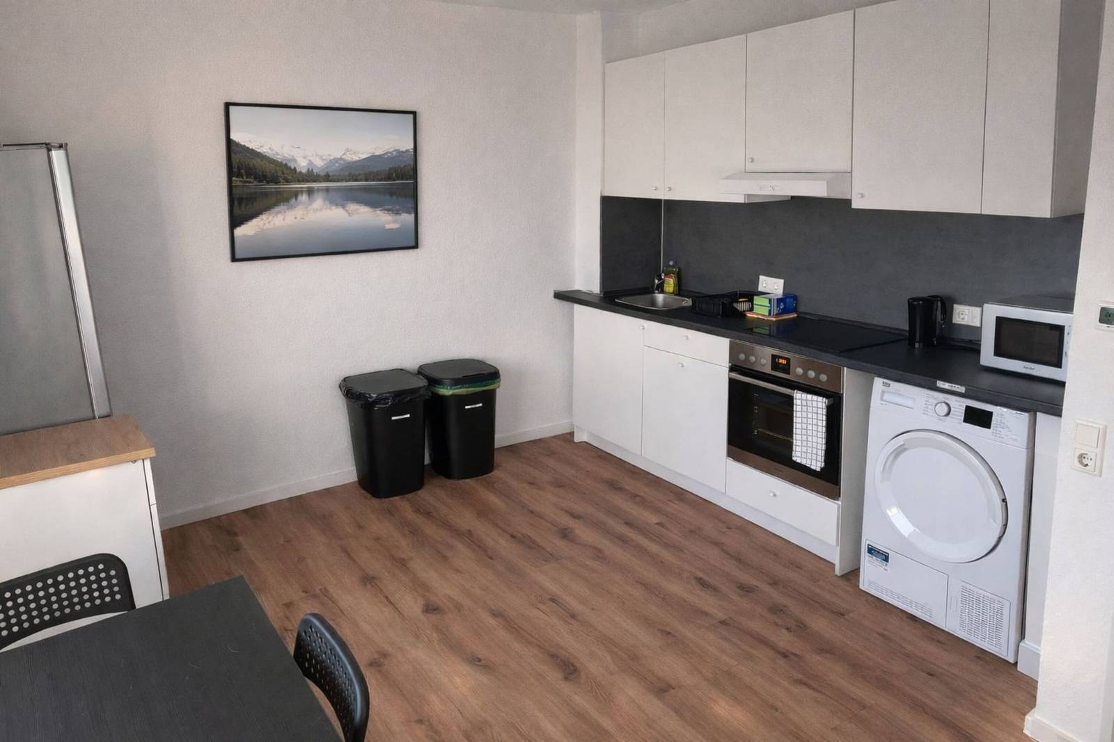 Küchenzeile mit Backofen, Mikrowelle, Trockner und Kühlschrank in der Monteurzimmer in Rüsselsheim
