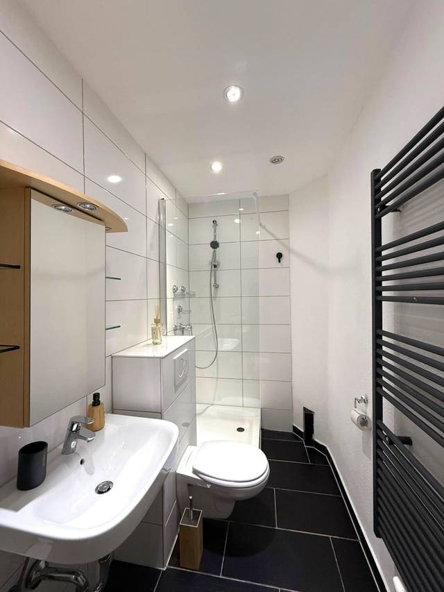 Badezimmer mit Dusche, WC, Waschbecken und Handtuchheizkörper in der Monteurwohnung in Wiesbaden